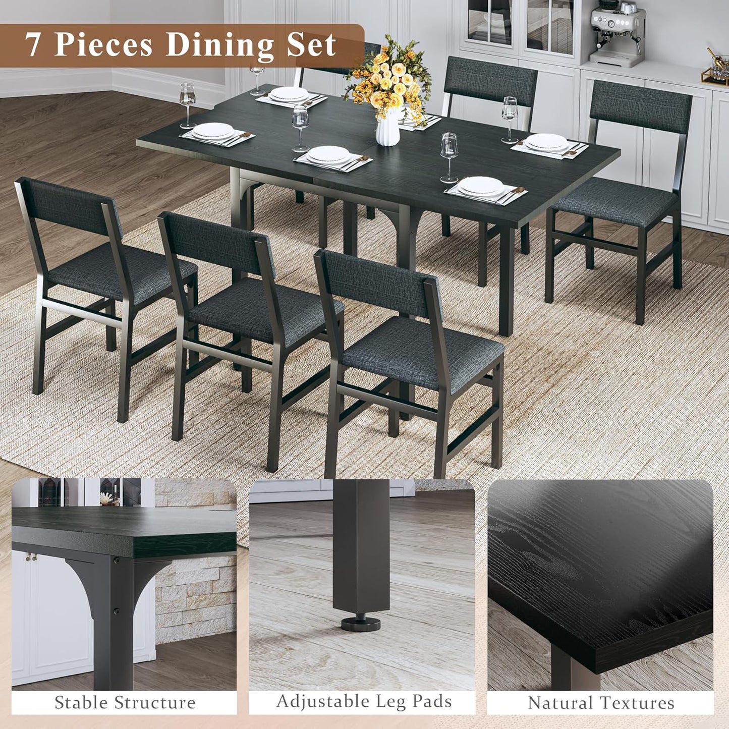 Regine Switzerland 7-Piece Dining Table Set - Extendable Kitchen Table with 6 Cushioned Chairs | Space-Saving Black Design