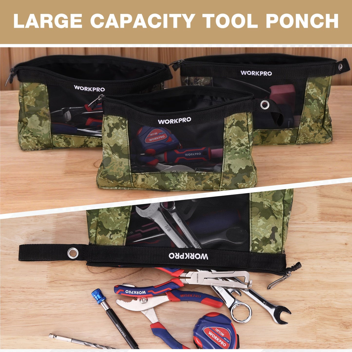 WORKPRO 12" Tool Pouches with Zipper, Heavy-Duty Small Tool Bag, Utility small tool pouch for Tool Organizers and Storage, Mini Tool Bag, 3 Pack, Camo