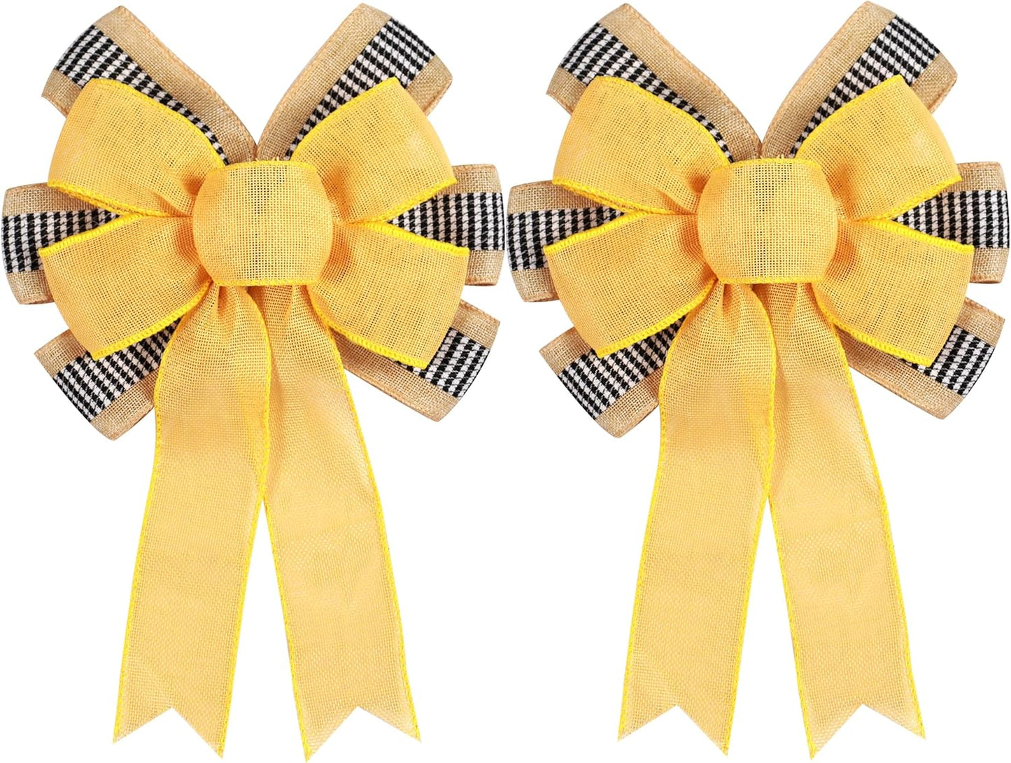 Skiennix Decorative Bow | 2 PCS Spring Summer Wreath Decor with Yellow Burlap & Black Stripe Ribbon