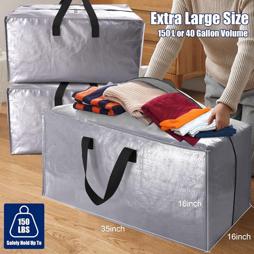 Cosy Family Extra Large Moving Bags - 8 Pack with Backpack Straps & Strong Handles (40 Gal, Silver)