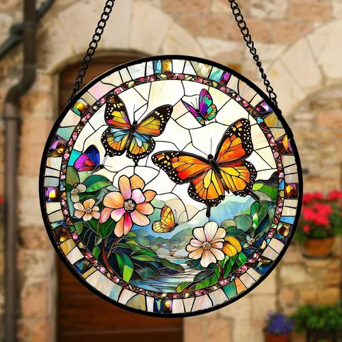 DASTOLL Stained Glass Suncatcher - Butterflies Flying in the Sky | 9.8-Inch Decorative Window Hanging for Home, Gifts for Mom