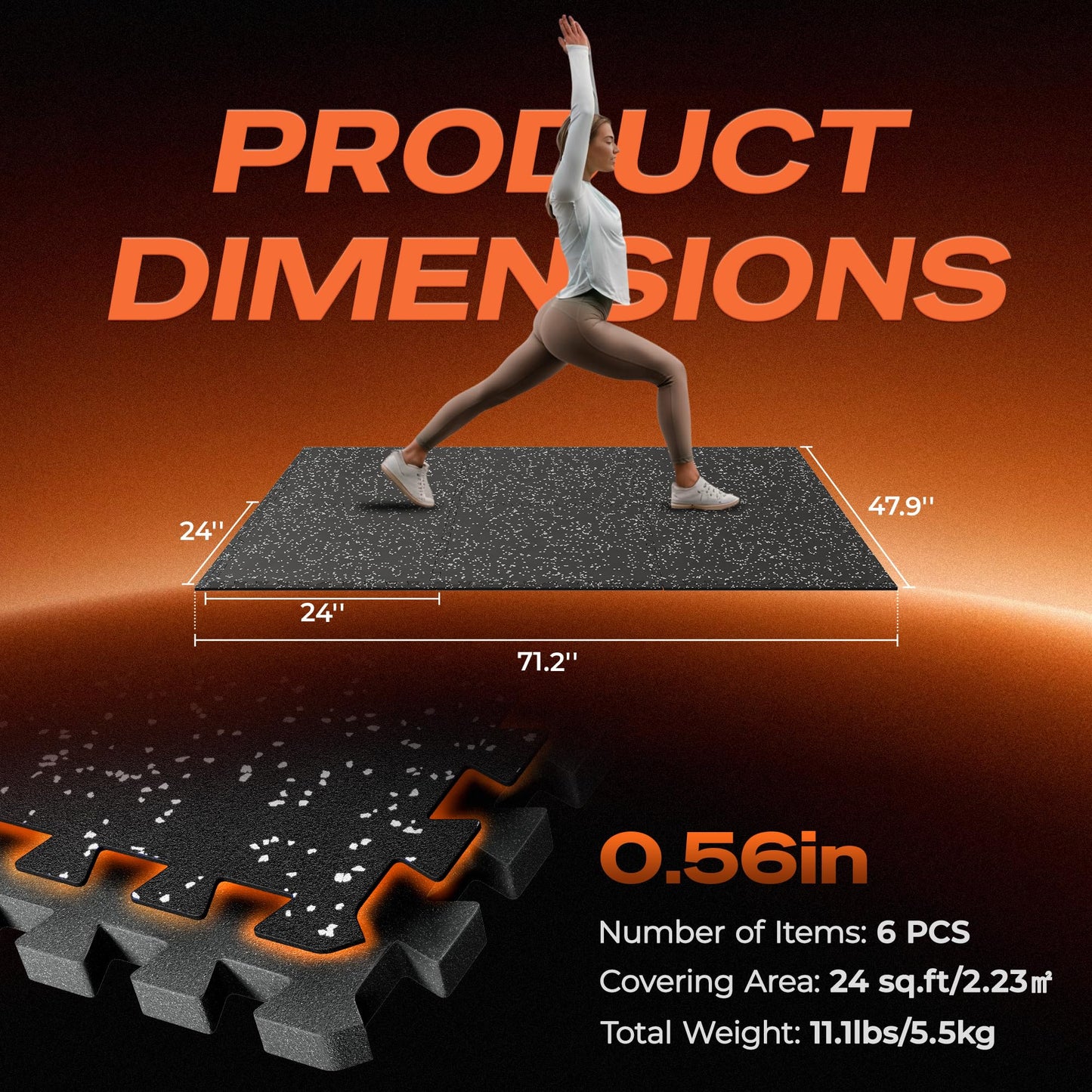 SUPERJARE 0.56'' Thick 6 Pcs 24 Sq Ft Rubber Top Exercise Equipment Mats, High Density EVA Foam Mats with Rubber Top, Interlocking Gym Flooring for Home Gym, Protective Workout Mat, Black/Grey
