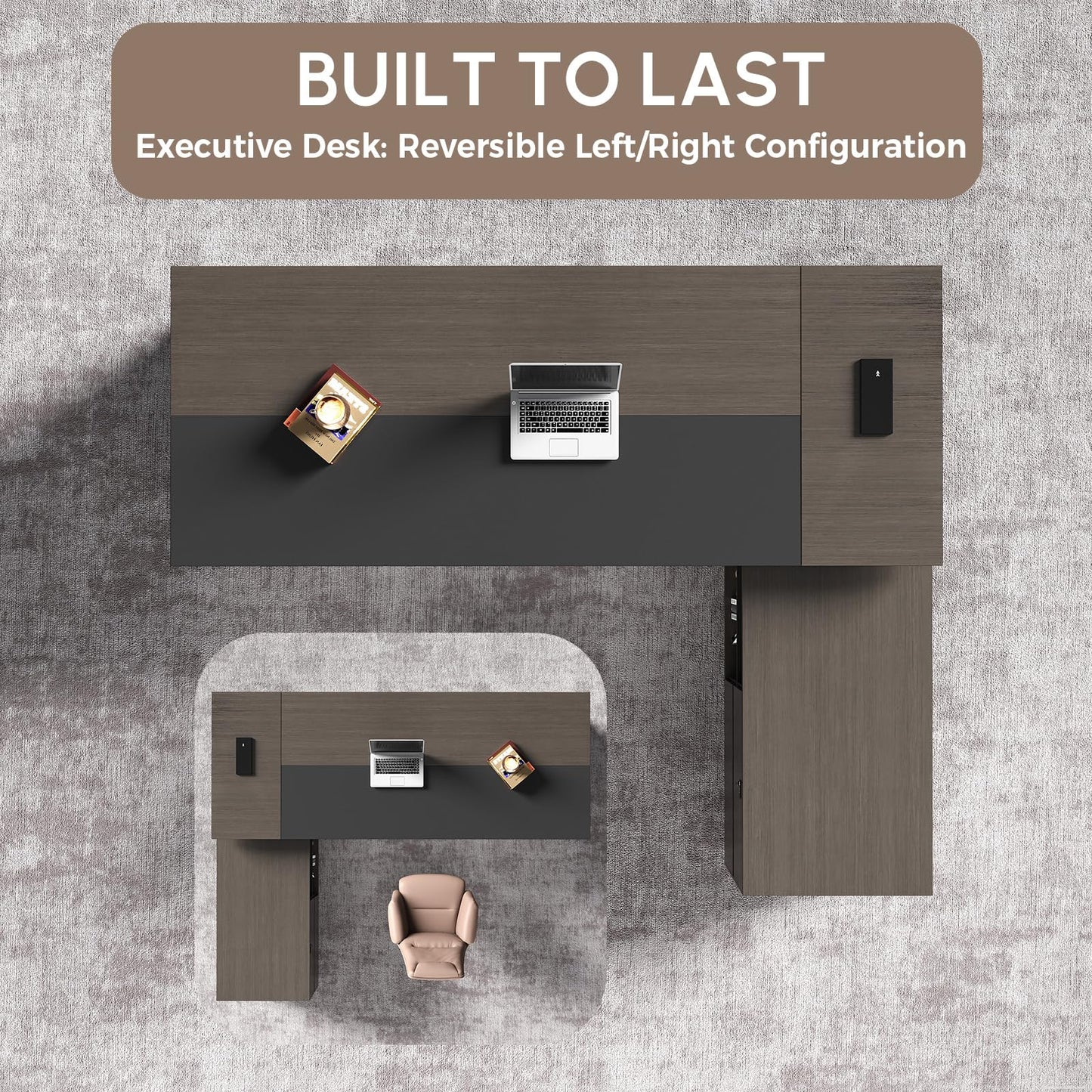 ZIMASYA 87" Reversible L-Shaped Executive Desk with Drawers, Storage Cabinet, Built-in Power Hub & Privacy Panel, Obsidian Grey & Mocha Walnut