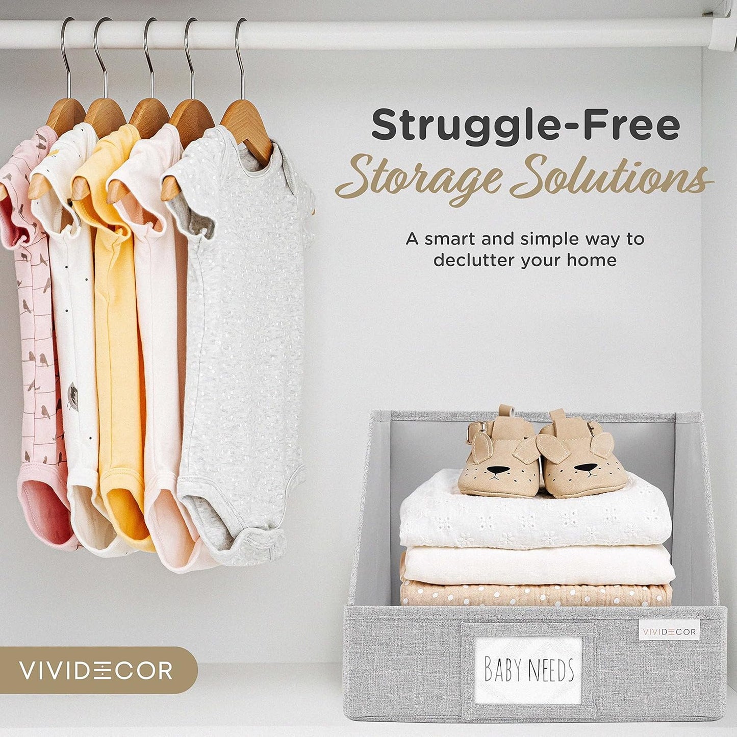 VIVIDECOR Trapezoid Closet Bins - Light Gray Fabric Storage Baskets, 12x12x10, 3 Pack | Collapsible Organizers