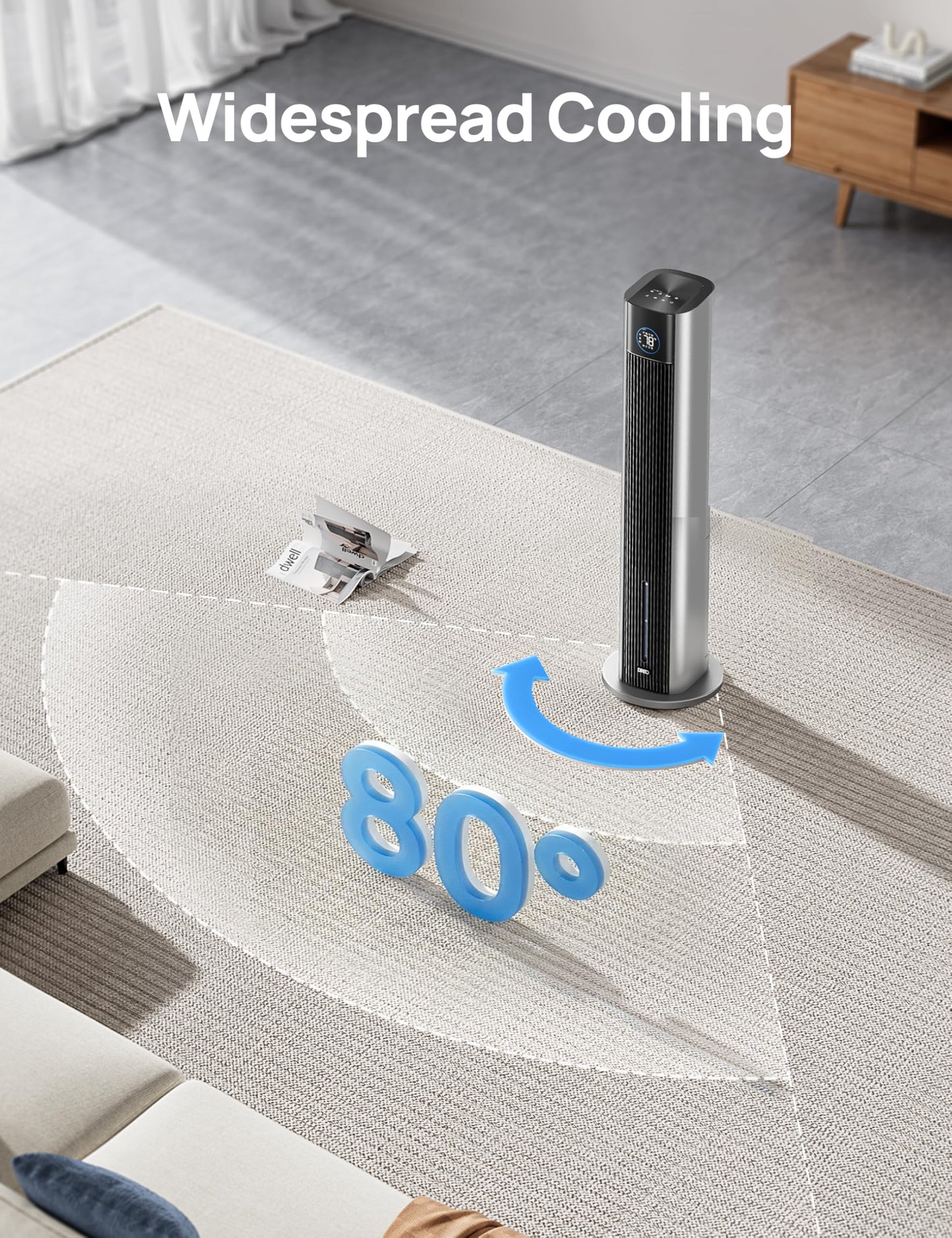 DREO Tower Fan for Bedroom, 43" Cooling Fans That Blow Cold Air 2026 Upgraded, Evaporative Air Cooler, Quiet 80° Oscillating Floor Fan, Easy Cleaning, APP Control, 4 Modes 4 Speeds, 12H Timer, Silver