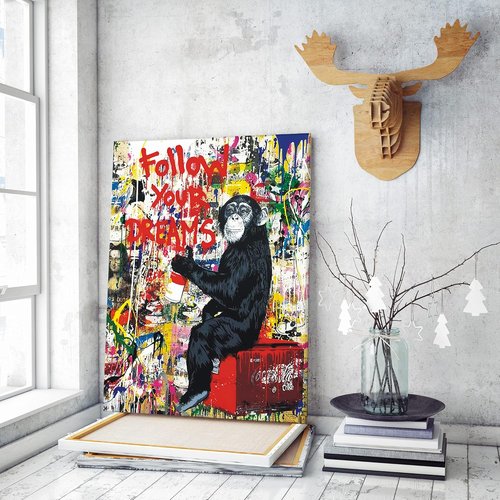 Banksy Canvas Art - Inspirational Graffiti Monkey Wall Decor | Framed 24"x16" for Living Room & Office