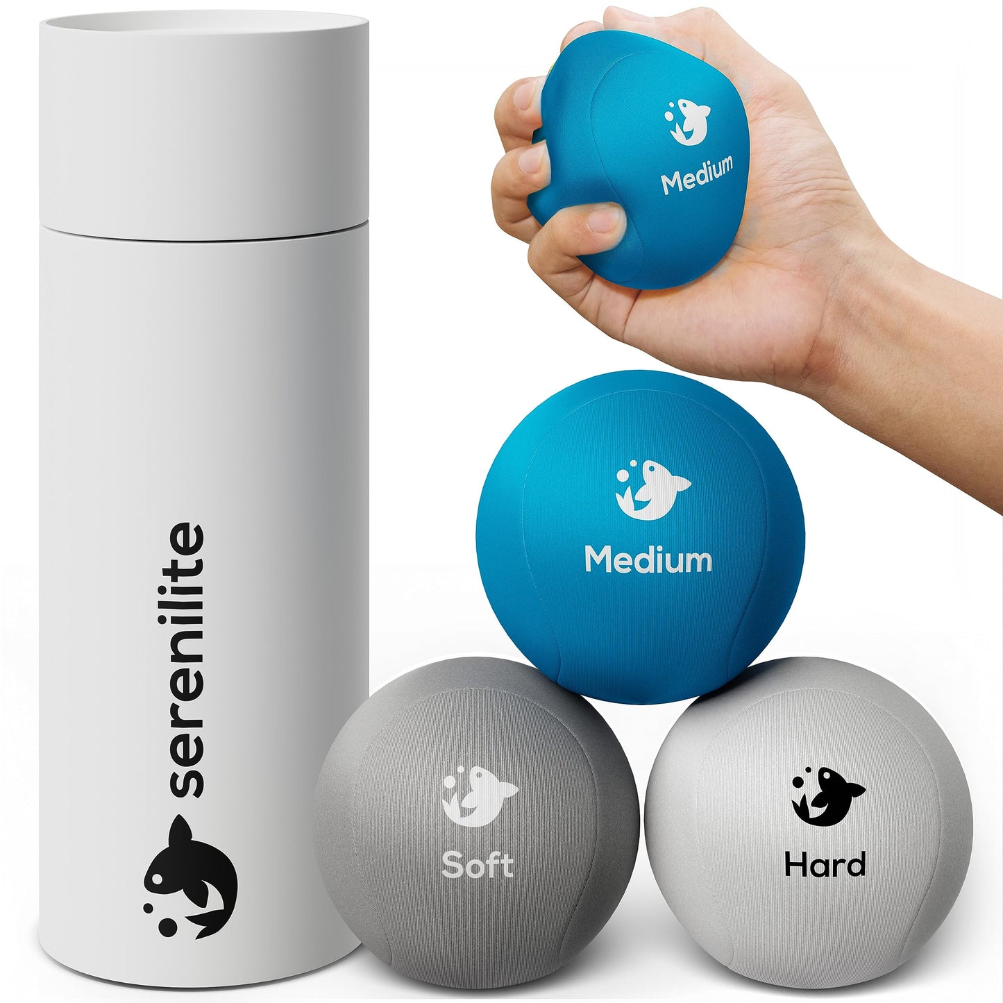 Serenilite 3X Hand Therapy Exercise Stress Ball Bundle for Adults, Grip Strengthening, Tri-Density Squeeze Balls, Hand Grip Strengthener, Soft, Medium & Hard