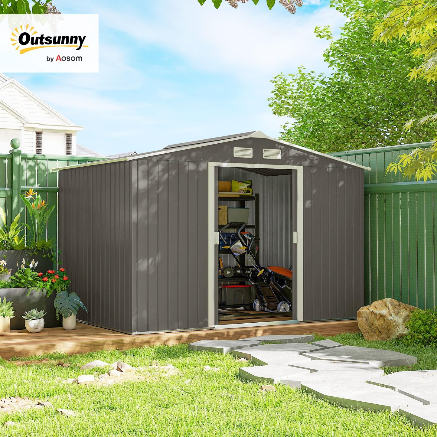 Outsunny 9' x 6' Outdoor Storage Shed, Garden Tool Metal Shed with Foundation Kit, Double Lockable Door, Air Vents and Sloping Roof, for Backyard, Patio, Lawn, Light Gray