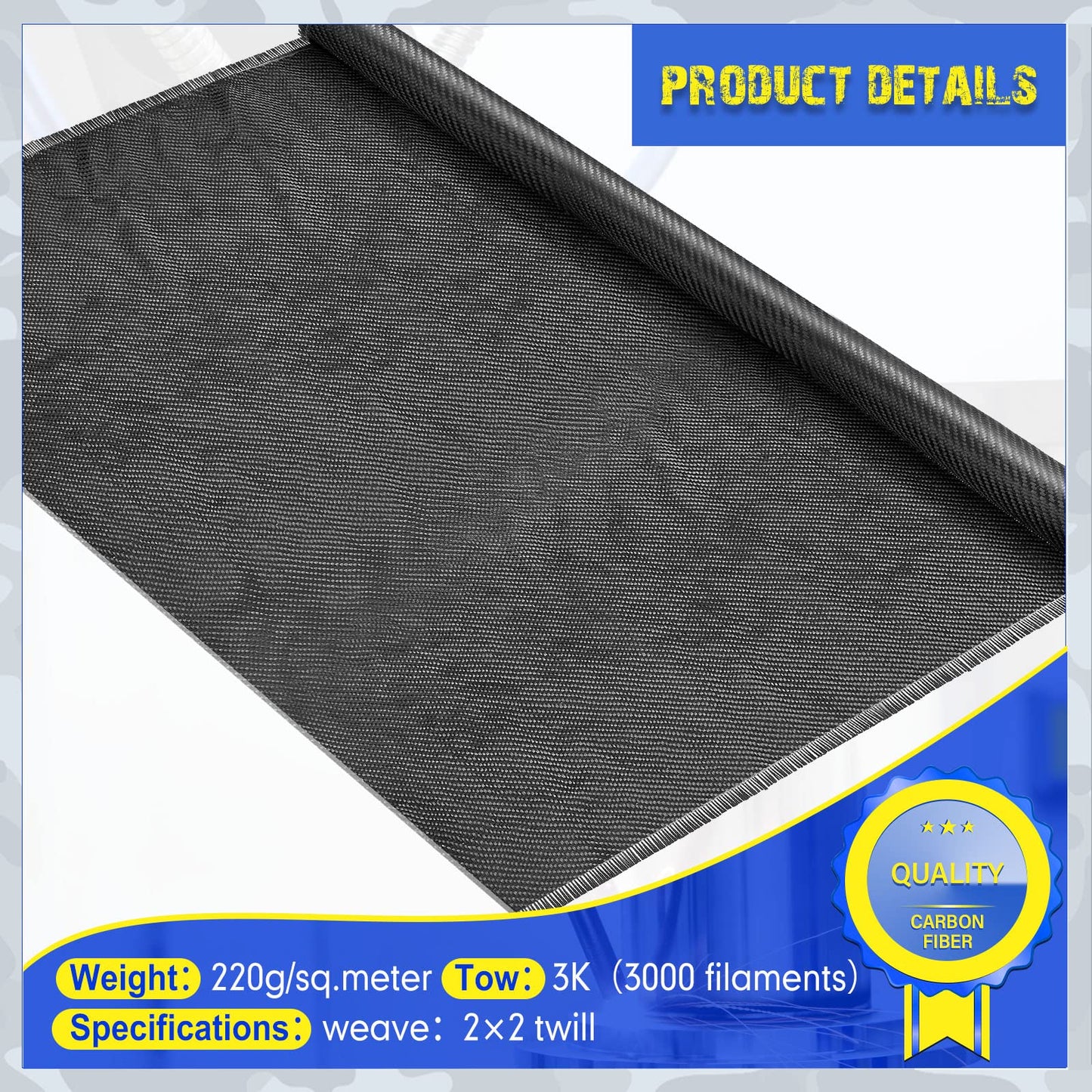 Tudomro 4.17ft x 39.4'' Carbon Fiber Fabric Black Pure Carbon Fiber Sheet 2 x 2 Twill Weave-3k/220g for Cars Structural Reinforcement on Concrete Wall Basement Boat Repair (1 Roll)