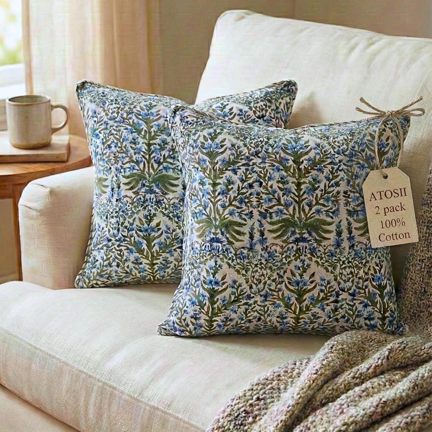 ATOSII Block Print Throw Pillow Cushion Covers, 24" X 24" - Set of 2, Decorative Couch Pillows for Living Room Bed Sofa, 100% Cotton Canvas Pillow Case for Home Decor & Outdoors - Nargis Blue