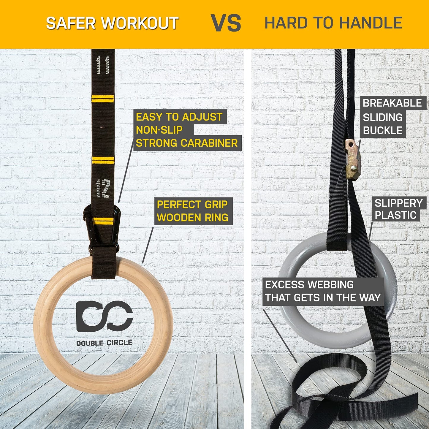 Double Circle Wood Gymnastics Rings with Quick Adjust Numbered Straps and Exercise Videos Guide - Full Body Workout Rings, Calisthenics, Home Gym