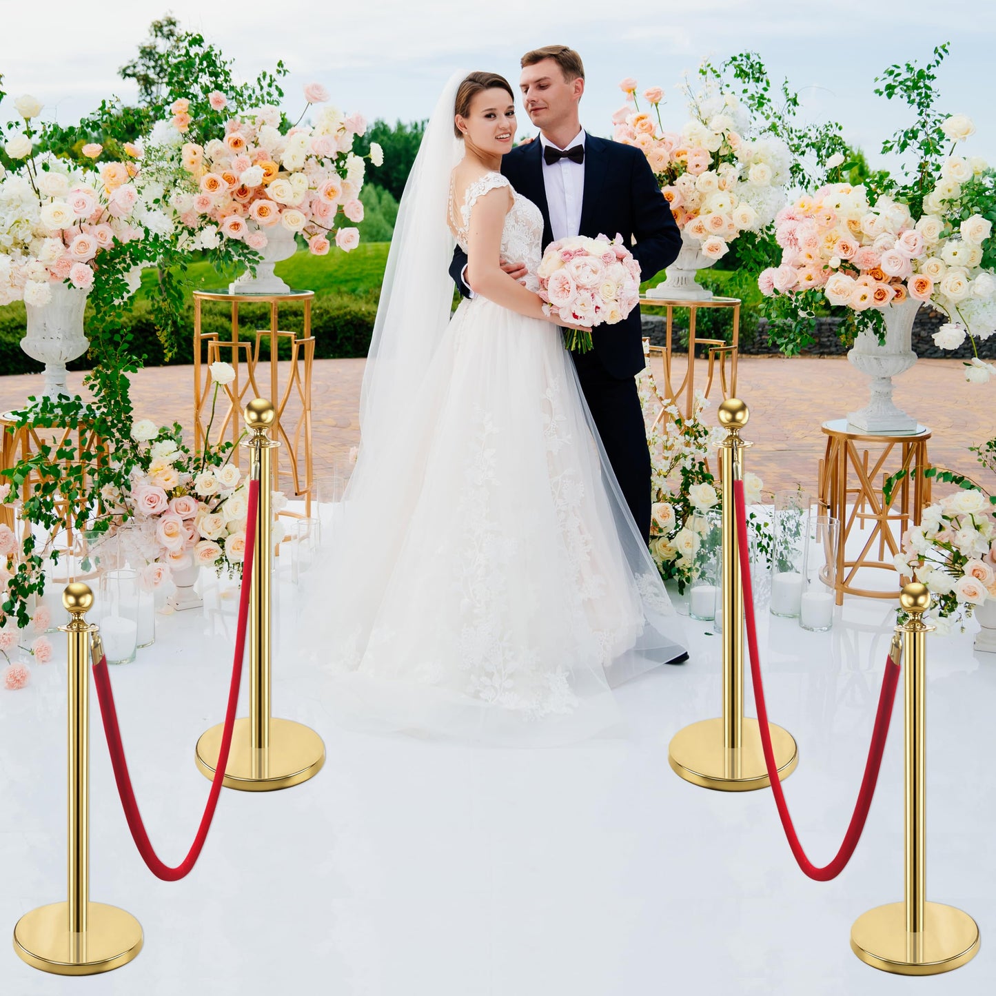Goldshire 8 PCS Stanchions and Velvet Ropes Set, Stainless Steel Post with 4 Red Velvet Ropes, Crowd Control Barriers, Red Carpet Runner Poles for Party, Wedding, Queue