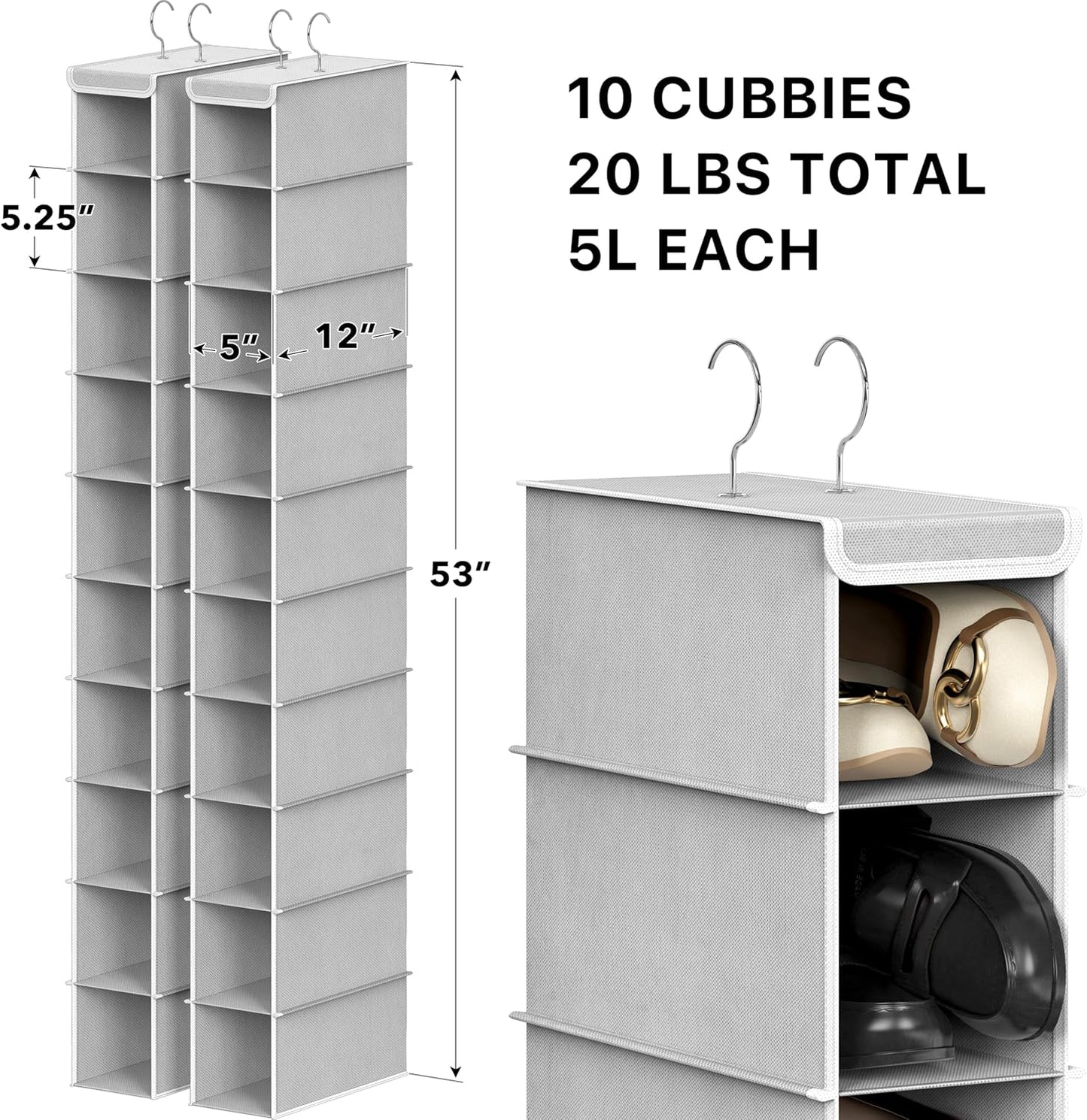 Simple Houseware 10-Shelf Hanging Organizer - Space-Saving Storage Solution | Gray, 2-Pack