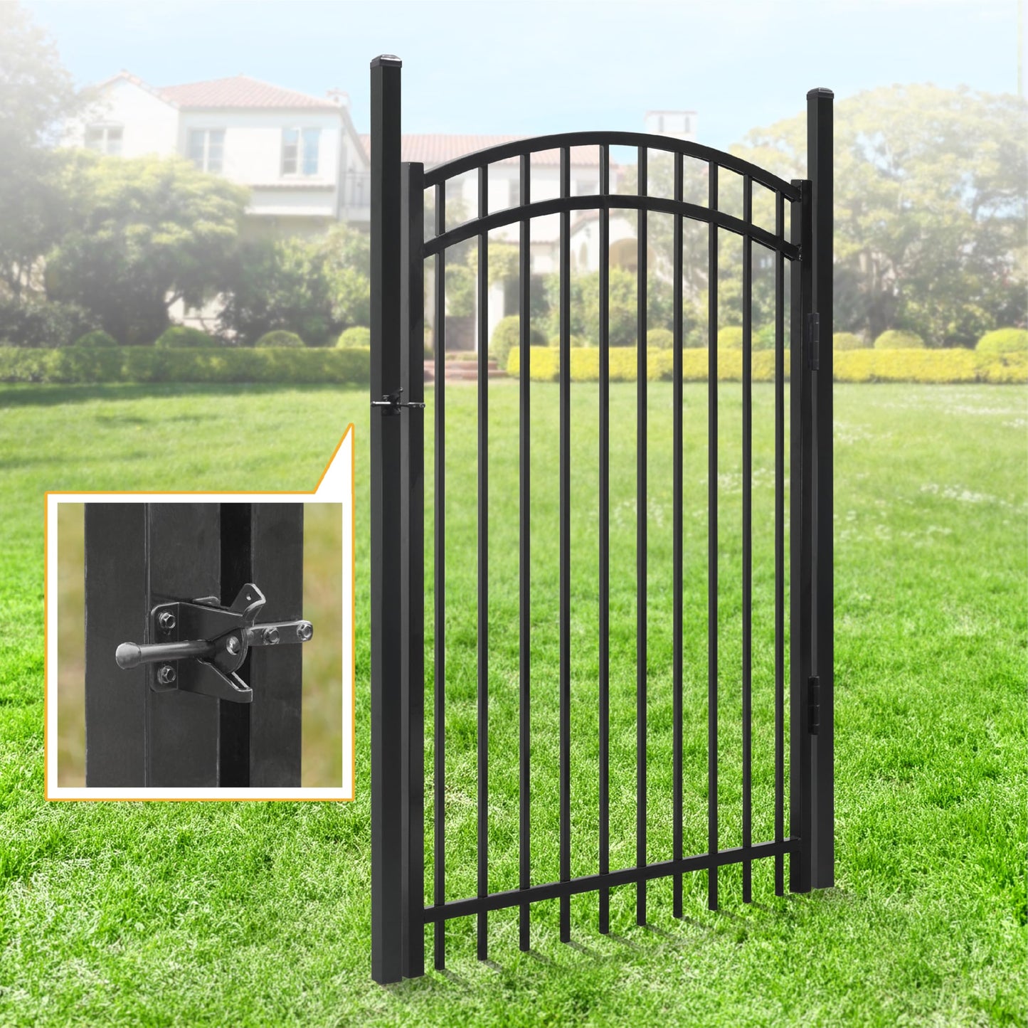 Fencer Wire 100FT Heavy Duty Flat Top Fence Barrier Kit, Anti-Rust Metal Steel Fence with 6FT Height X 6FT Width Panels, with Arched Gate, Posts, Connectors, Outdoor Fencing for Yard