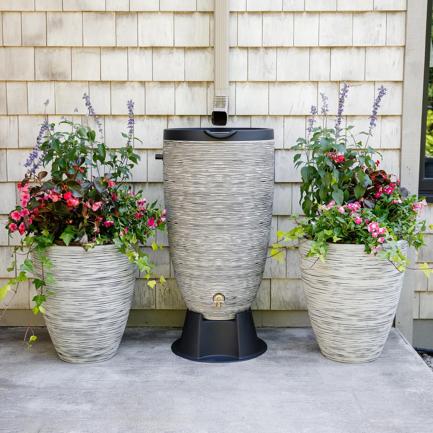 Newport 50‑Gallon Flat‑Back Rain Barrel with Stand & Planter Bundle – Slate | Removable Lid, UV-Stabilized Outdoor Water Storage
