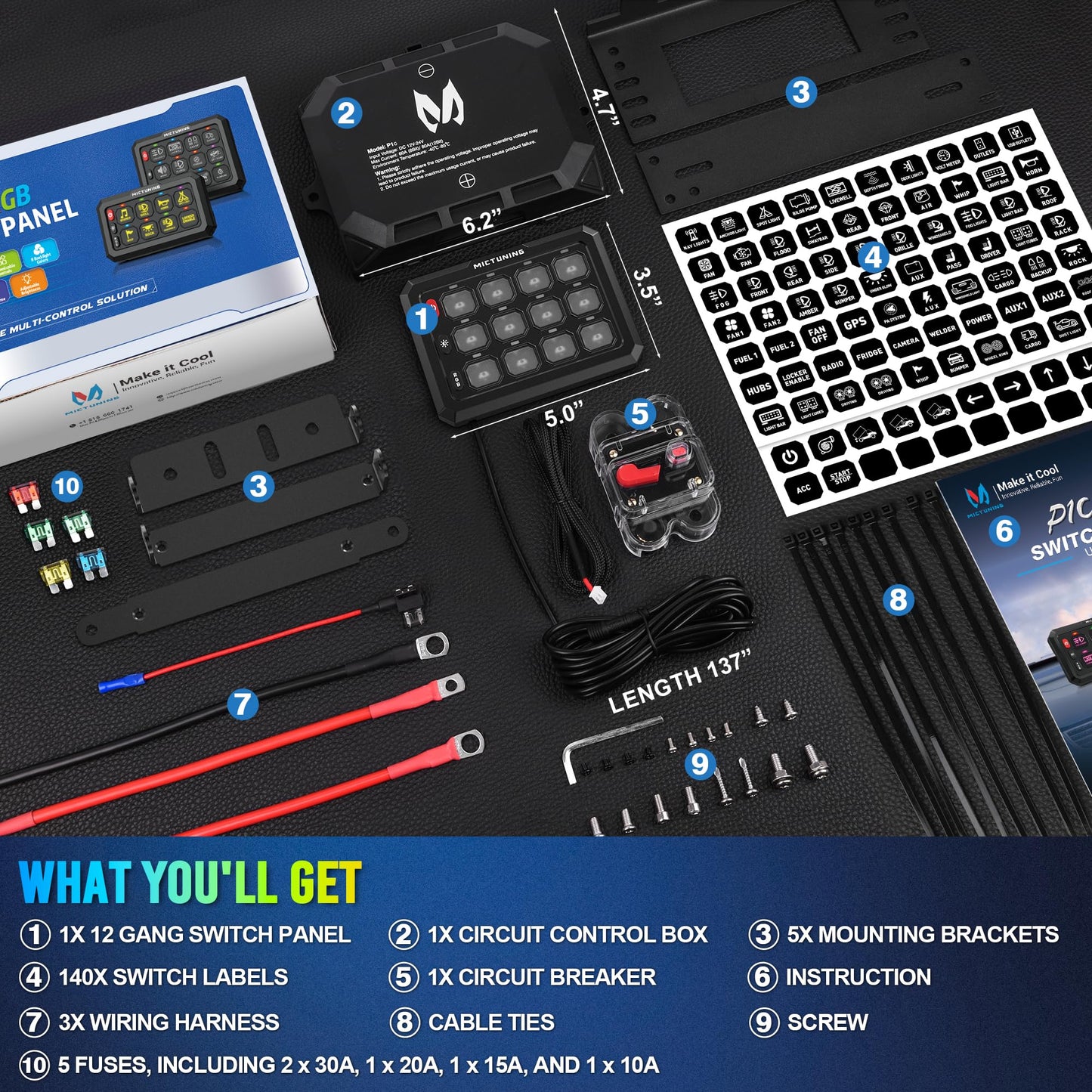 MICTUNING P1C+ RGB 12 Gang Switch Panel, IP67 Waterproof 6 Level Brightness Multifunction Toggle Momentary Flash Strobe Circuit Control Relay System Box for Off Road Truck SUV UTV RV