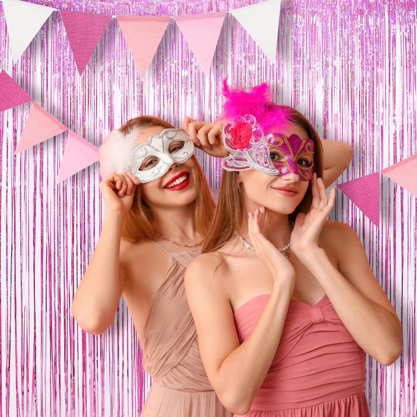 Pink Tinsel Fringe Backdrop by [Brand Name] - Sparkly Foil Curtains for Birthdays & Parties | 2 Pack, 3.3×8.2ft