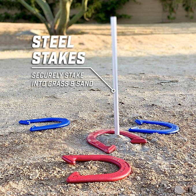 GoSports Steel Horseshoes Outdoor Game Set - Gold & Silver or Red & Blue - Official Size and Weight
