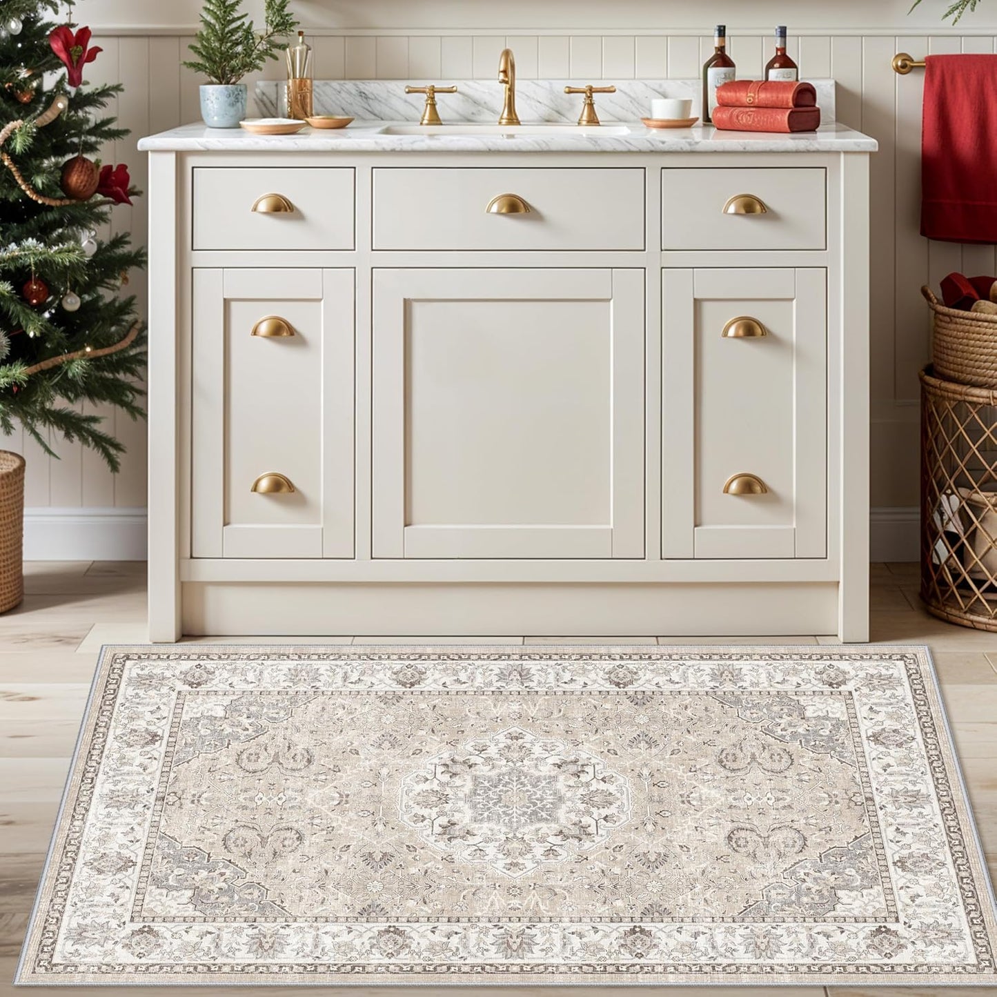 Skiennix Washable 3x4 Floor Mats - Non-Slip Water-Resistant Area Rug for Kitchen & Living Room | Beige