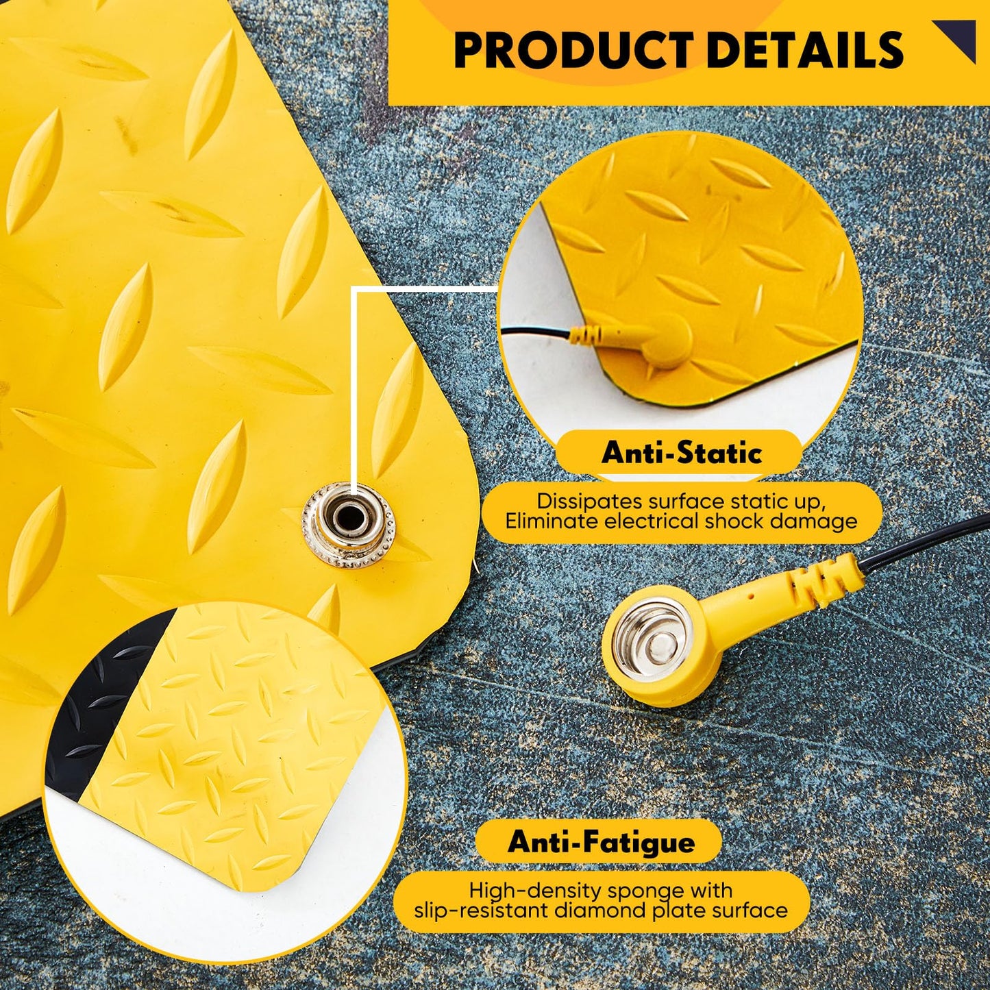 Drydiet 2 Pcs 3'x5' Anti Fatigue Mat Industrial, ESD Conductive Pad with Ground Wire, Heavy Duty Ergonomic Standing Floor Mat for Commercial Work, Shop Stand, Thick 3/4" Black with Yellow Border