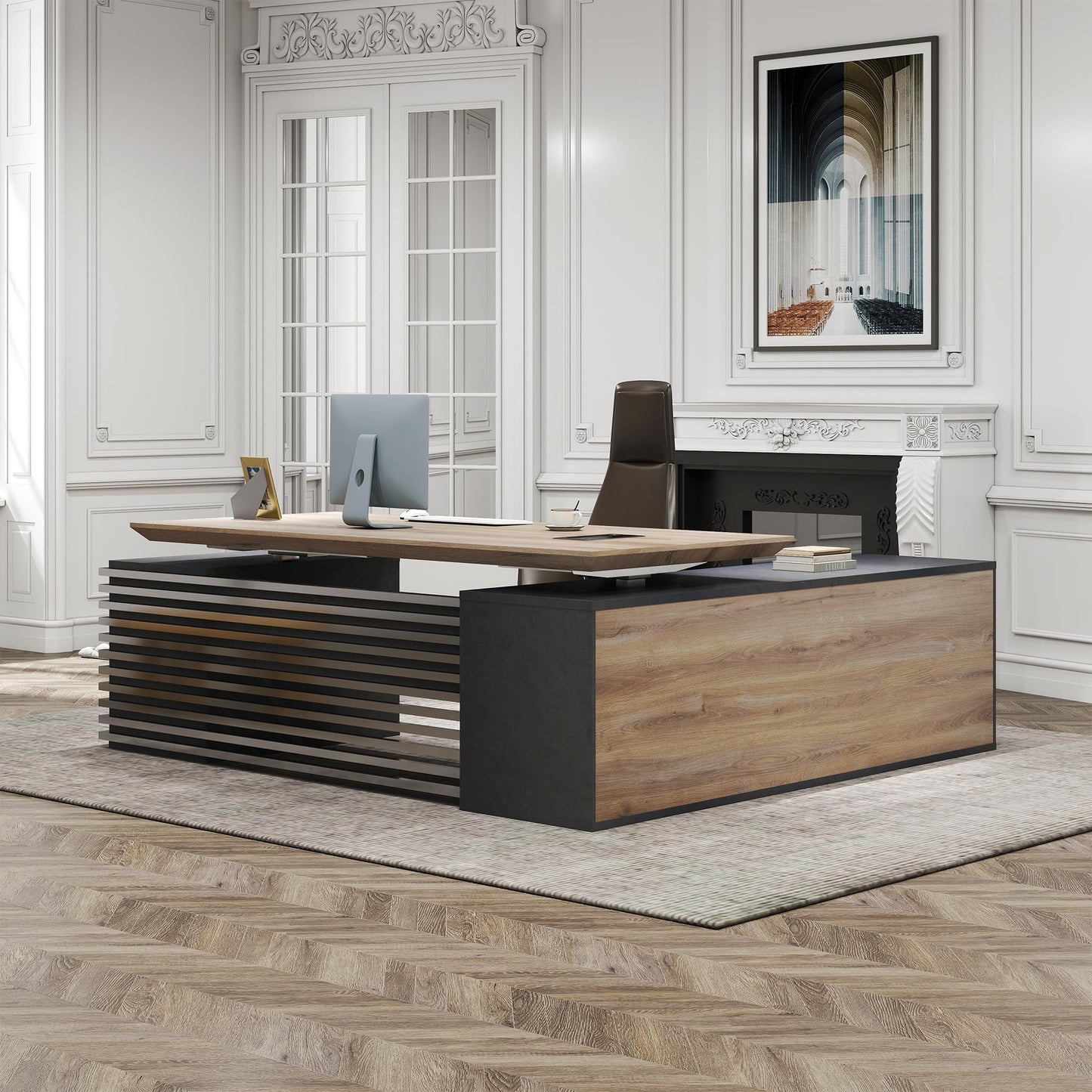 86.61IN Adjustable Heigh L Shaped Executive Desk w/7Cabinet Storage, Modern Computer Standing Home Office Desk w/Universal Charging Ports, Large Writing Table Business Furniture Workstation