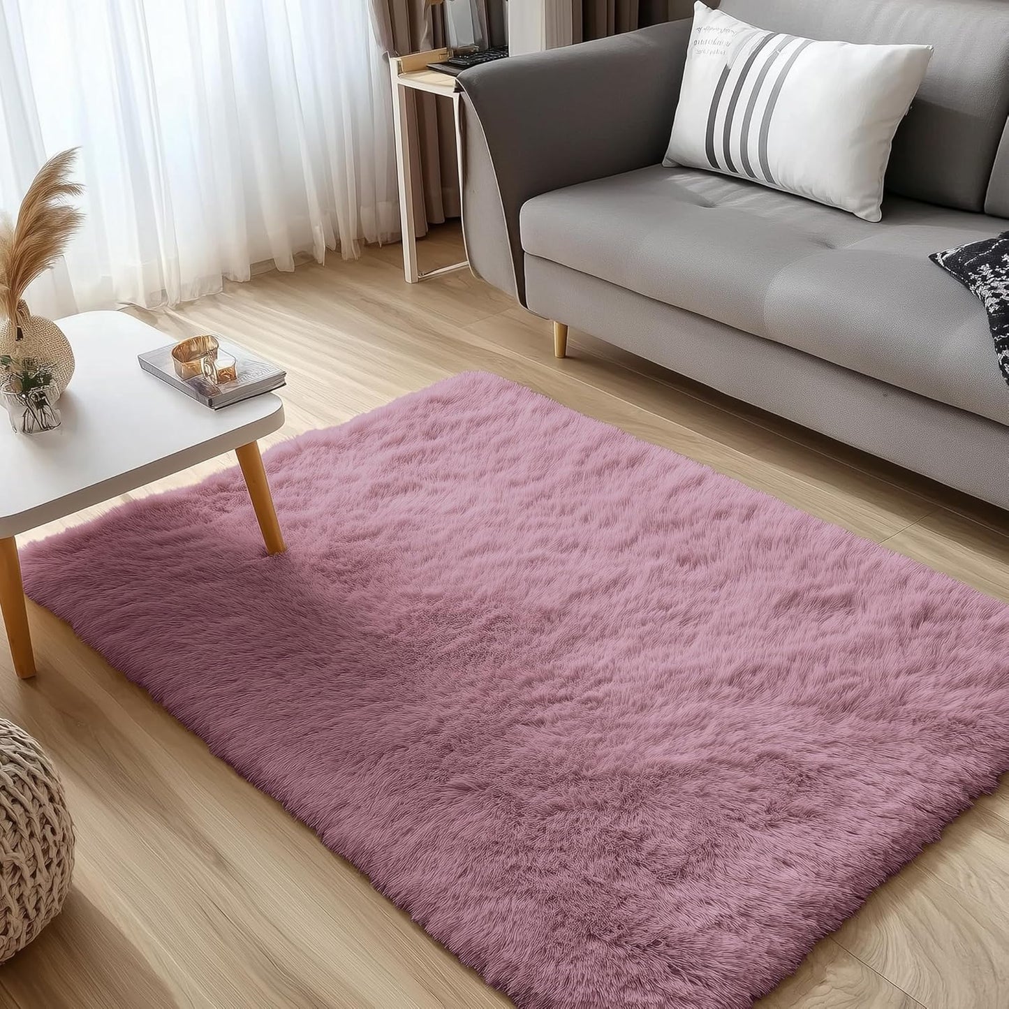 OLANLY Soft Fluffy Shaggy Bedside Rug - 3x5 Machine Washable Indoor Carpet for Kids & Nursery | Blush
