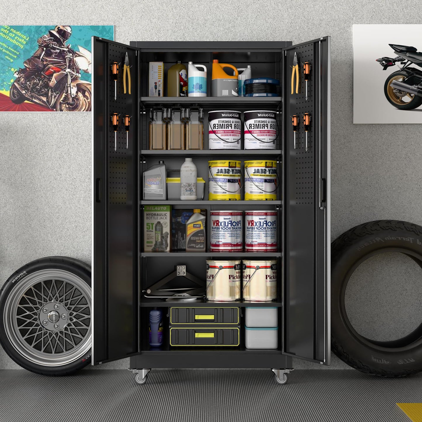 SUXXAN Heavy Duty Metal Storage Cabinet with Wheels and Pegboard, 71" Tall Industrial Steel Cabinet with 5 Adjustable Shelves & Locking Doors for Garage, Office, Pantry, Warehouse, Black