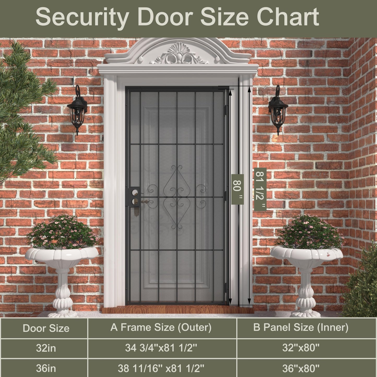 JUBEST 36 in. x 80 in. Security Screen Door, Reversible Powder Coated Black Surface Mount Outswing Steel Security Door with Expanded Metal Screen, Prehung Steel Exterior Doors, Durable&Safe