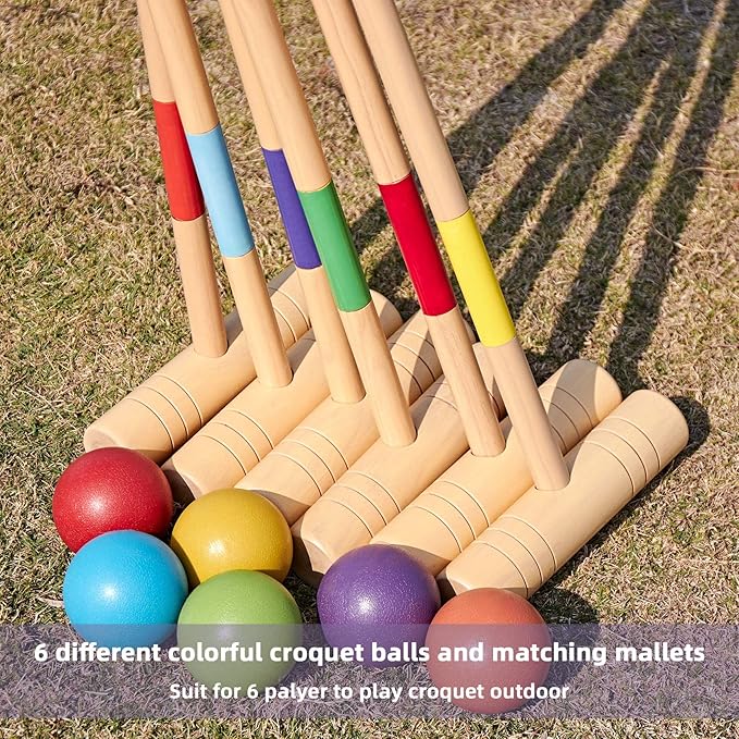 ApudArmis 35In Six Players Croquet Set with Deluxe Premiun Pine Wooden Mallets,Colored Ball,Wickets,Stakes - Lawn Backyard Game Set for Adults/Teens/Family (Large Carry Bag Including)