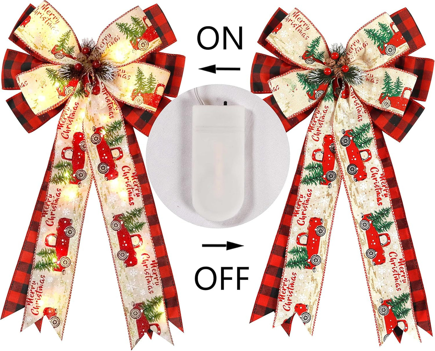 Regine Switzerland Christmas Tree Topper Bow - 30 LED Lights, Large 13”x25” Red Black Buffalo Plaid Design