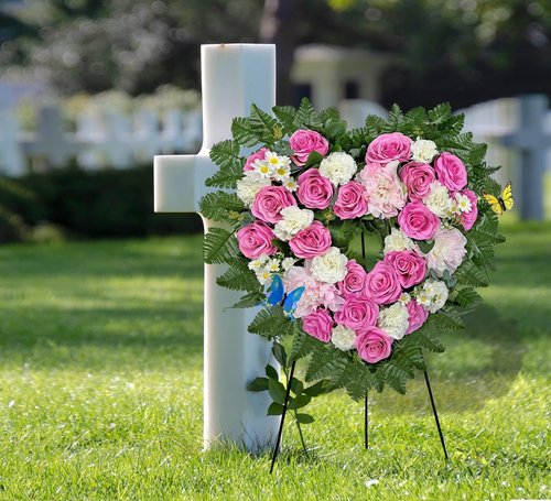 MUVIC Cemetery Flower Wreaths - Elegant Heart-Shaped Memorial Floral Arrangement | Pink Hibiscus & Daisy - 27 Inch