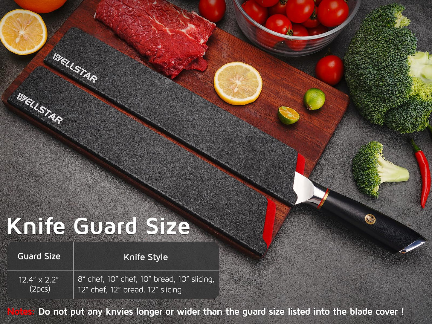 WELLSTAR Knife Edge Guards Set, 2 Piece 12 Inch Universal Blade Covers, BPA Free ABS Protective Long Blade Sheaths, Non-Scratch Felt Lining Kitchen Knives Covers (Knives not included)