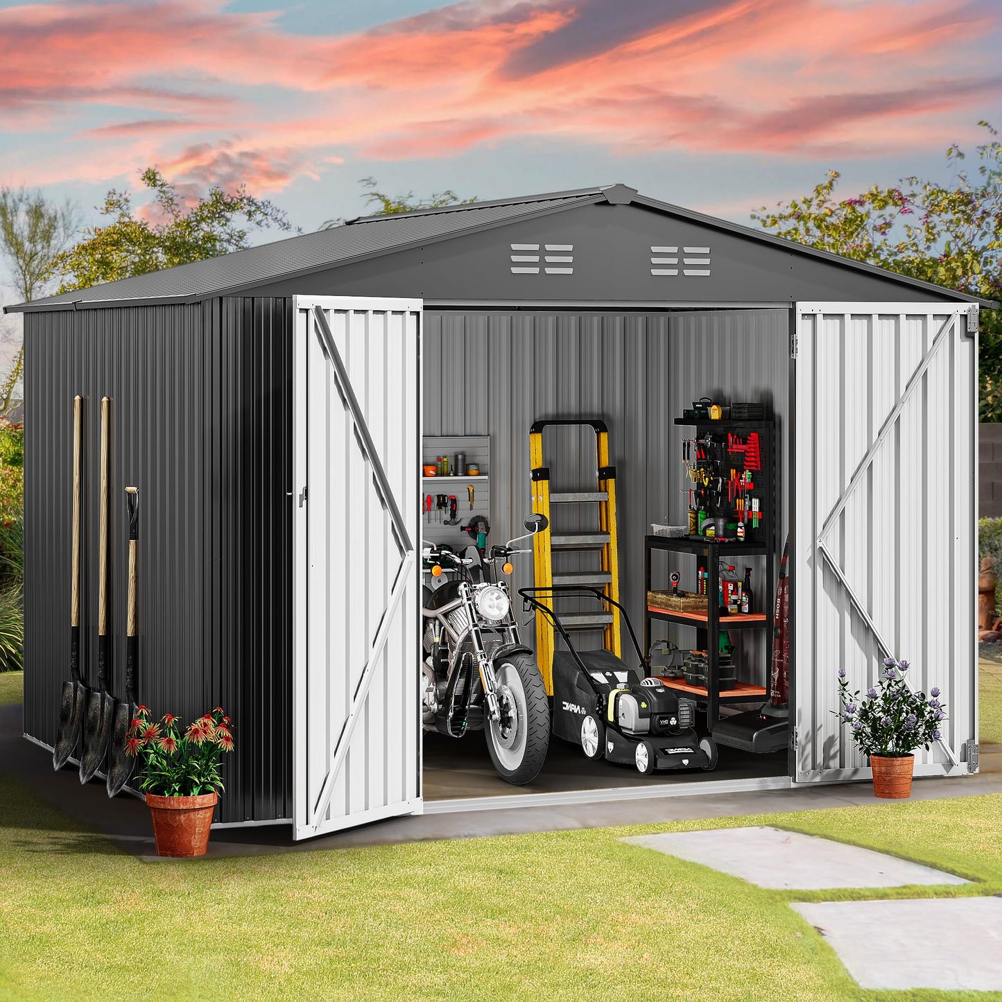 DWVO 10x8ft Outdoor Storage Shed, Large Metal Tool Sheds, Heavy Duty Storage House with Lockable Doors & Air Vent for Backyard Patio Lawn to Store Bikes, Tools, Lawnmowers, Dark Gray