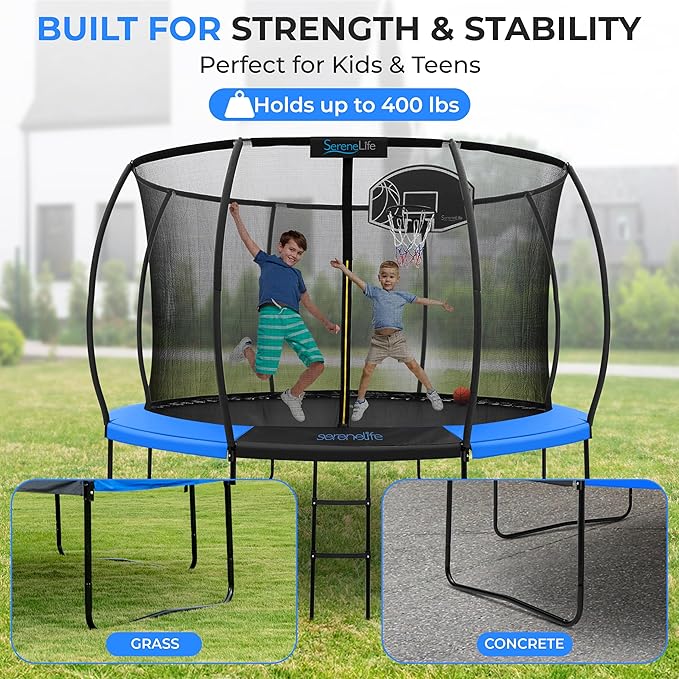 SereneLife 8FT 10FT 12FT 14FT Outdoor Trampoline for Kids and Adults – ASTM Certified Heavy-Duty Backyard Trampoline with Safety Poles, Net Enclosure, and Stable Anti-Rust Frame