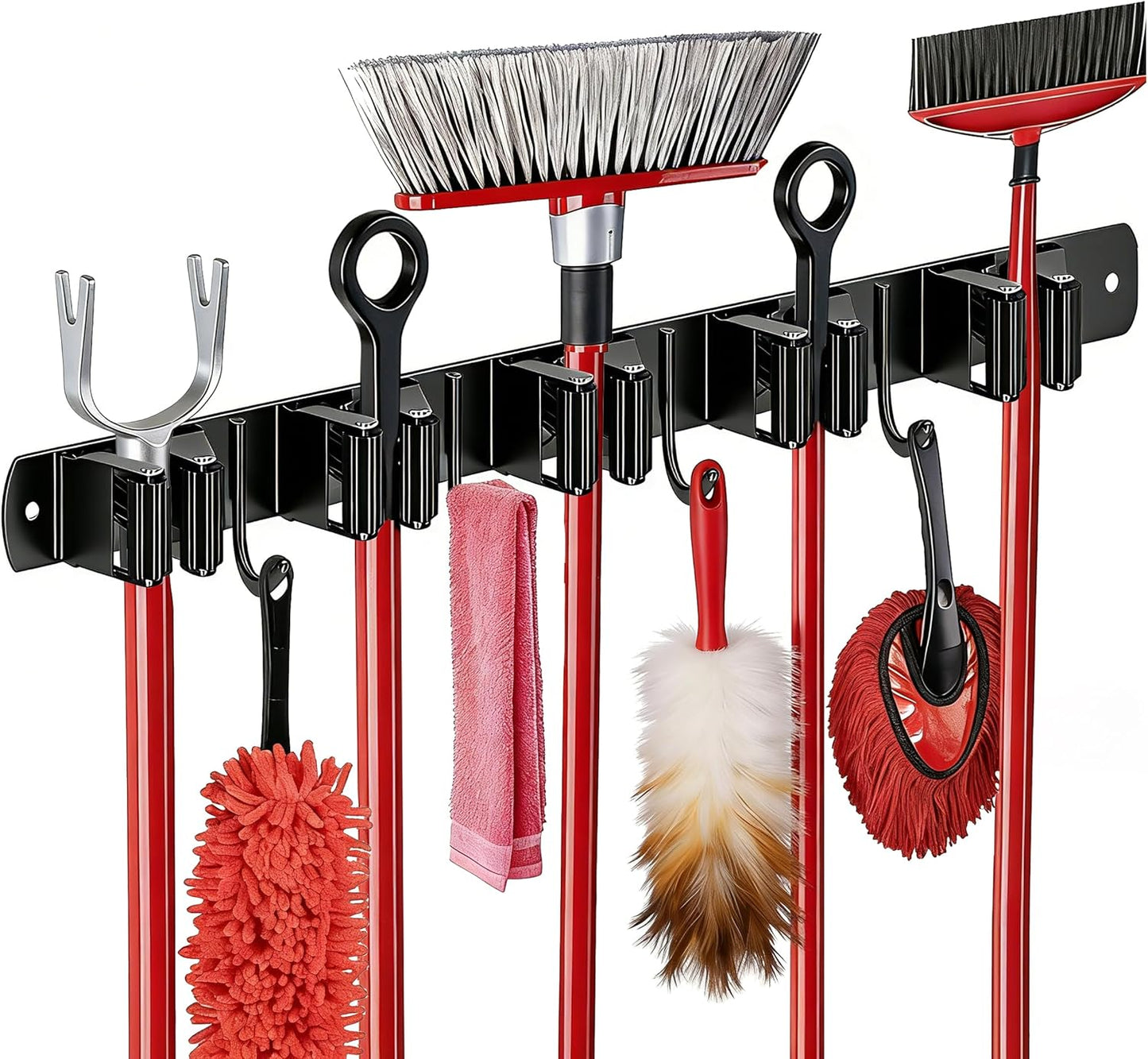 Skiennix Mop and Broom Holder - Heavy Duty Wall Mount Organizer with 5 Racks & 4 Hooks | Non-Slip, Self-Adhesive
