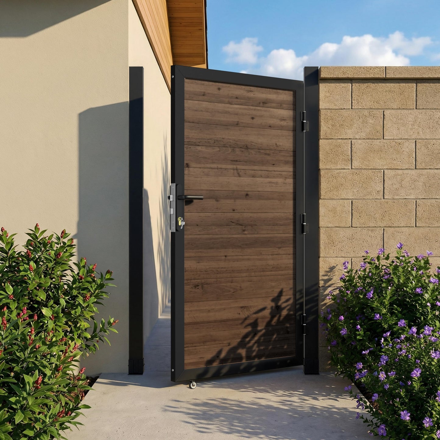 BlueWish 6 x 3 FT Cedar Wood Fence Gate Kit, Board-on-Board Privacy Fence Gate, Aluminum Frame with Security Lock System, Outdoor Garden Yard Complete Gate Kit for Backyard, Pool, Brown
