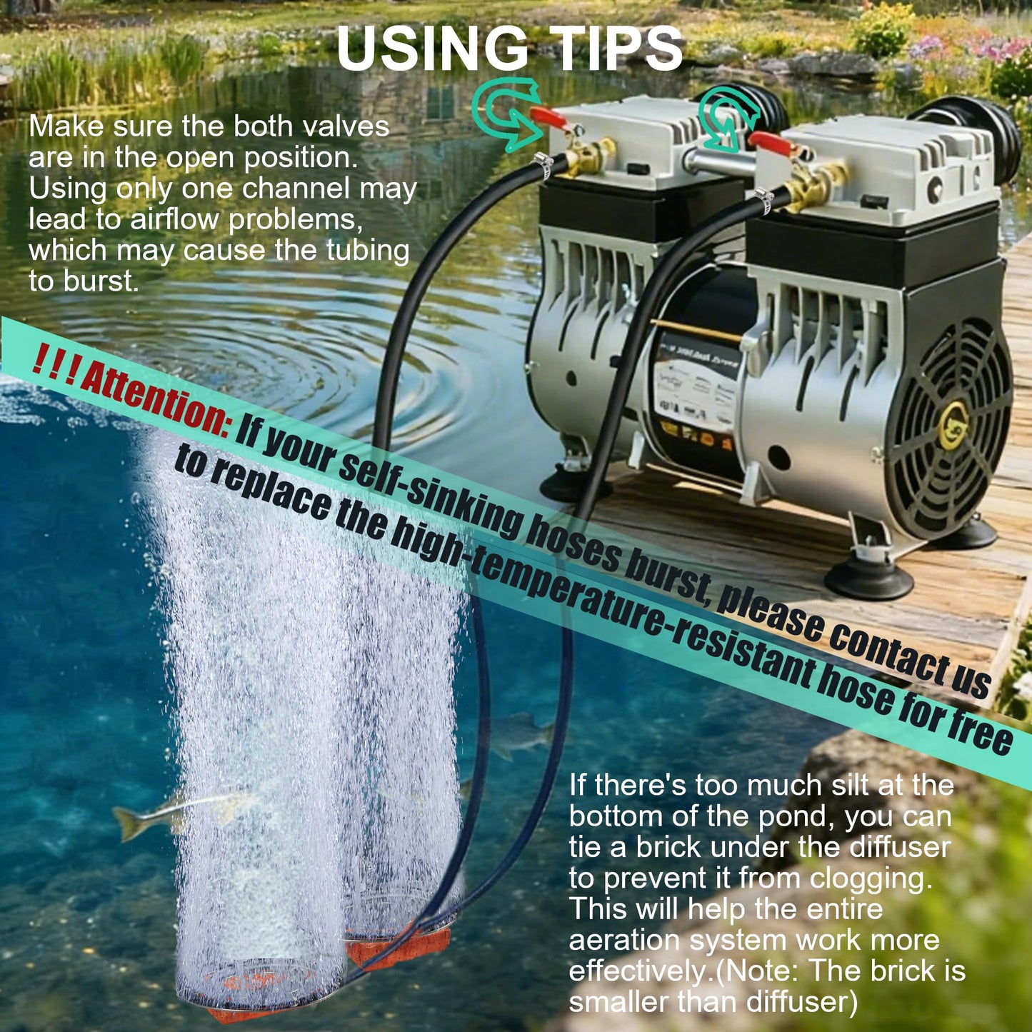 Goldlife A1 Pond Aerator, 1HP 750W 110V/120V 7CFM Aerartion System for Up to 5 Acre Lake, With Air Compressor & 2 100FT Tubings & 2 Diffusers & Timer, for Outdoor Ponds Water Oxygen Circulation