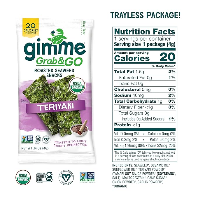 Gimme Seaweed Grab & Go Organic Premium Roasted Seaweed Snacks, Teriyaki, 5 Count Trayless, Keto, Vegan, Gluten-Free, Source of Omega3s and Iodine, Healthy On-The-Go Snack for Kids and Adults