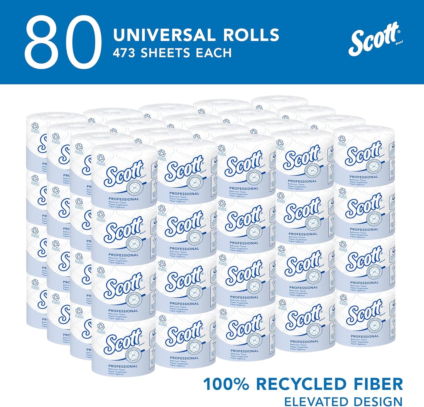 Scott Professional 100% Recycled Fiber Toilet Paper - 2-Ply, Elevated Design, White | 80 Rolls (37,840 Sheets)