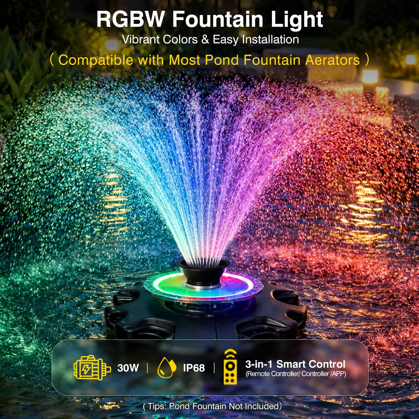 Pond Fountain Aerator Lights, RGB LED Color-Changing Aerator Floating Fountain Light, AC 120V, 100ft Cable with Controller, APP & Remote Control, Compatible with Most Pond Aerators (Pump Not Included)