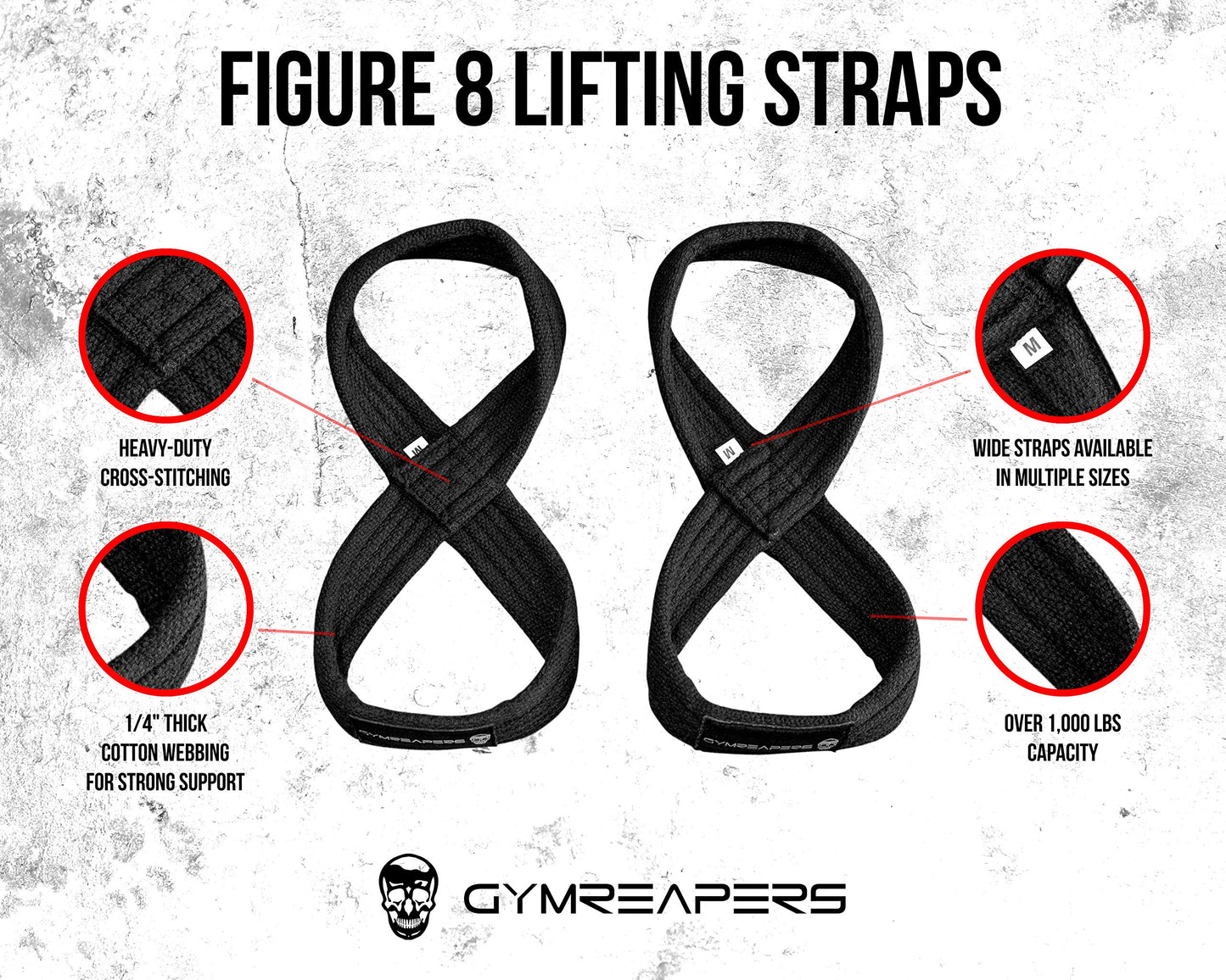 Gymreapers Figure 8 Lifting Straps For Deadlift, Powerlifting, Strongman, & Cross Training (Black, Medium)