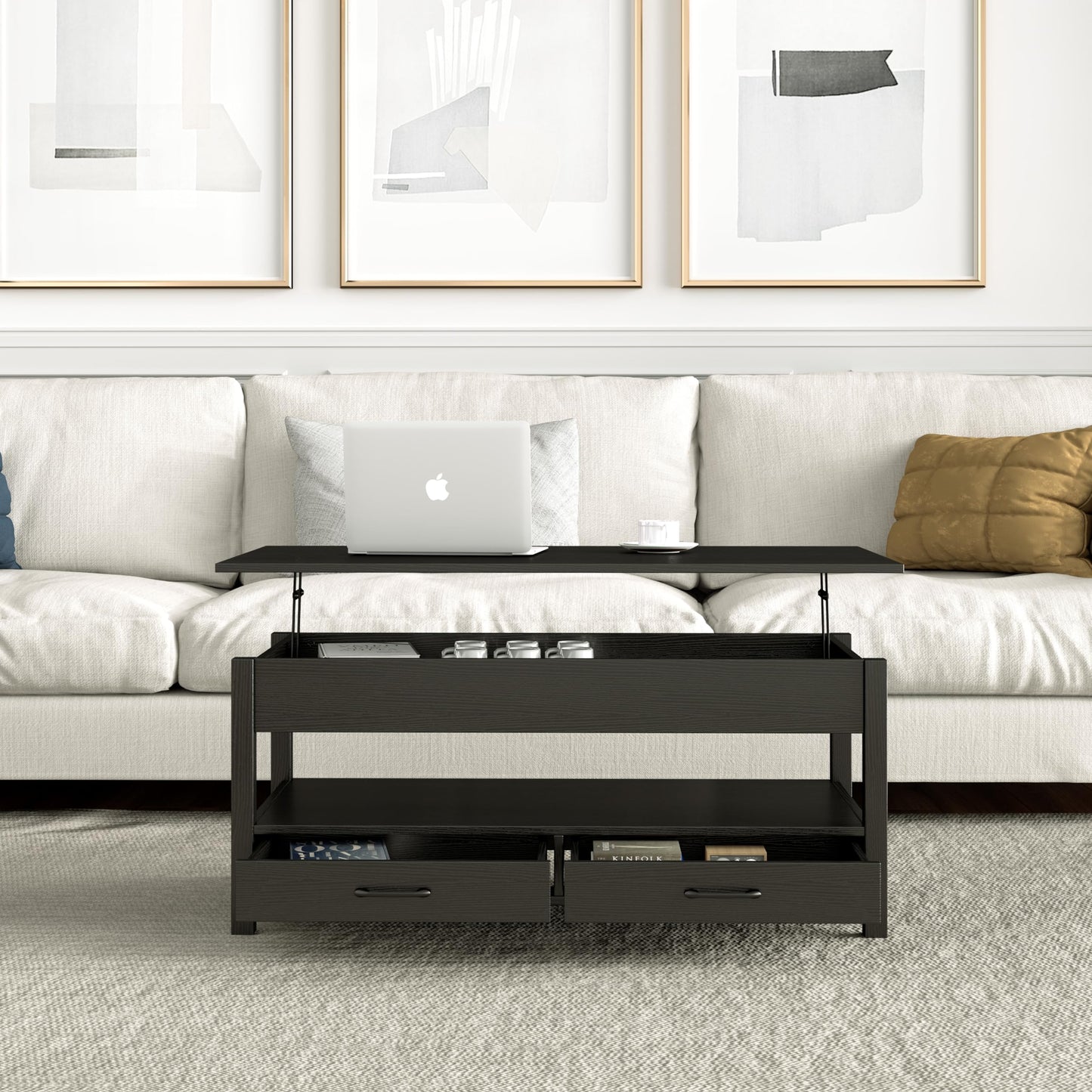 Panana Coffee Table, Lift Top Coffee Table with Hidden Compartment, 2 Drawers and 1 Open Shelf, Retro Central Wooden Table Lift Tabletop for Living Room (Black)