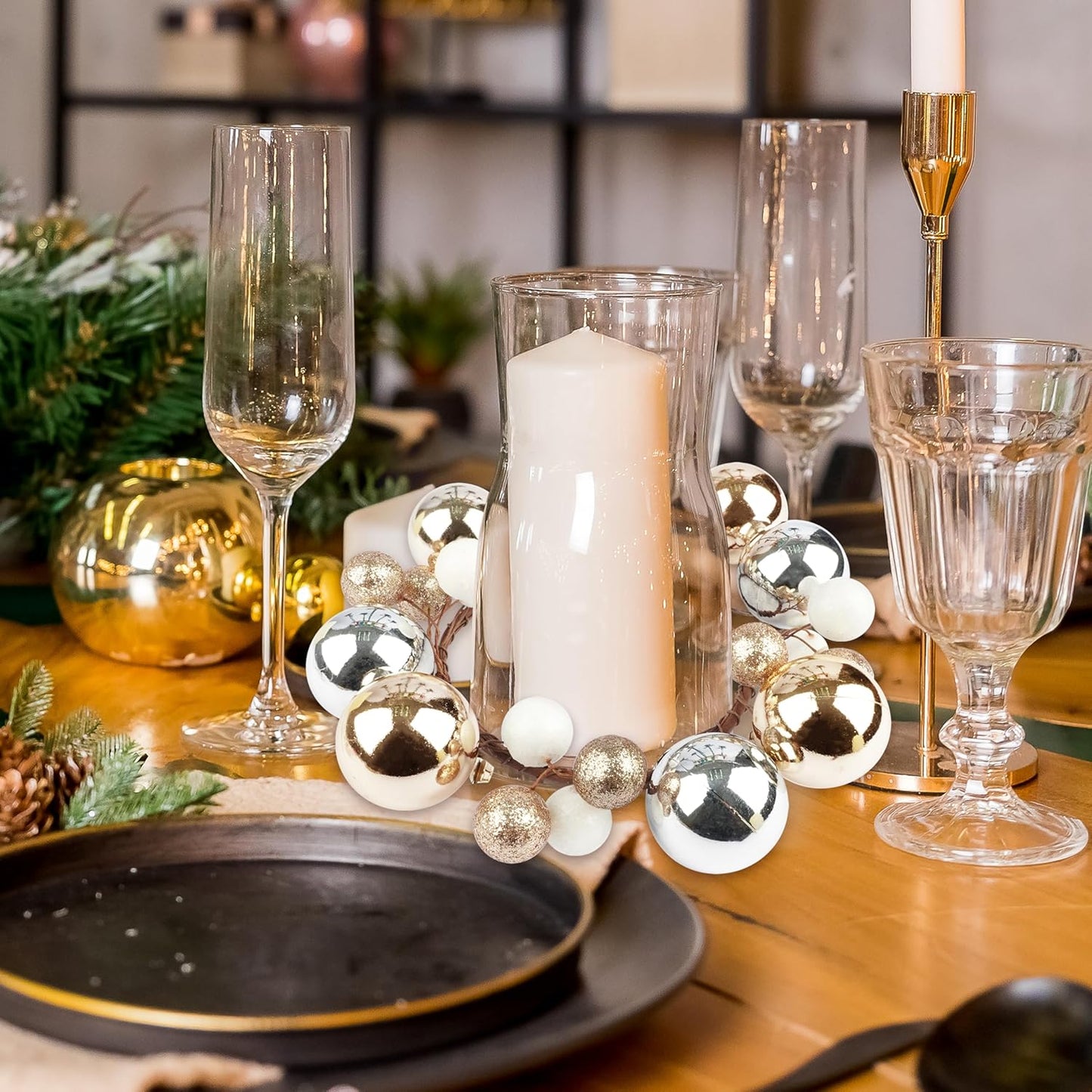 Regine Switzerland Christmas Ball Ornament Candle Rings - Gold & Silver Glitter | 3.2 Inch Candle Holders for Rustic Winter Decor
