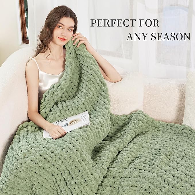 Admitrack Chunky Knit Blanket Throw, 100% Hand Knit Chenille Throw Blanket for Sofa & Home Decor, Soft and Cozy Knitted Throw Blankets (Sage Green, 60"x80")