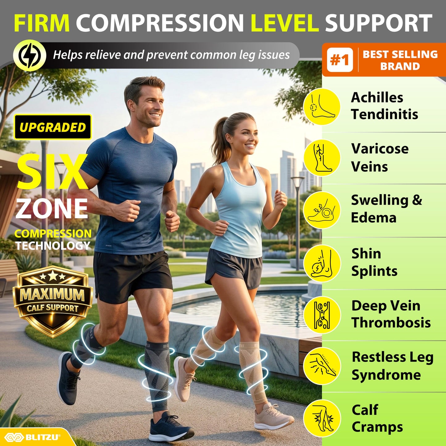 BLITZU Calf Compression Sleeves for Men and Women. Footless Compression Socks Support for Varicose Vein, Nursing, Running. Leg Sleeve Brace for Shin Splints, Pain Relief & Reduces Swelling Black L-XL