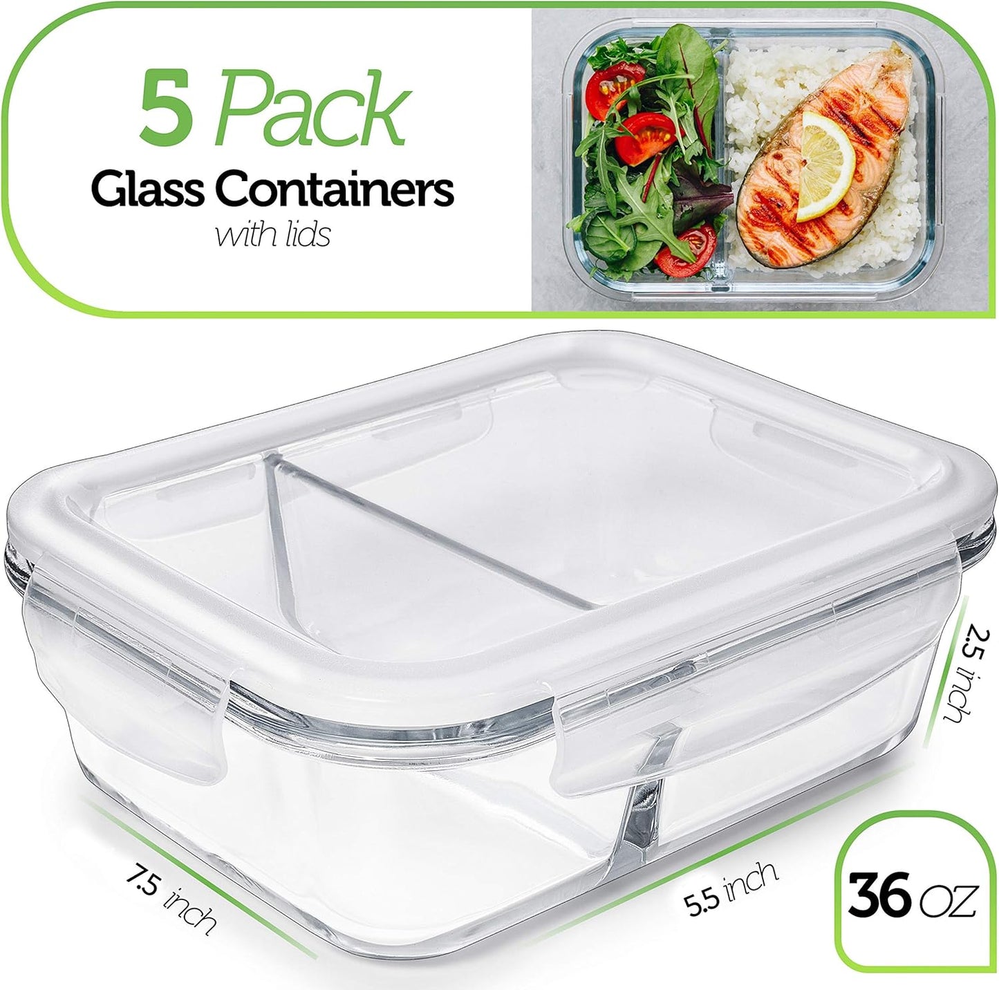 Prep Naturals Glass Meal Prep Containers - Airtight 36oz Food Storage Bowls | Dishwasher & Microwave Safe - Set of 5, Clear