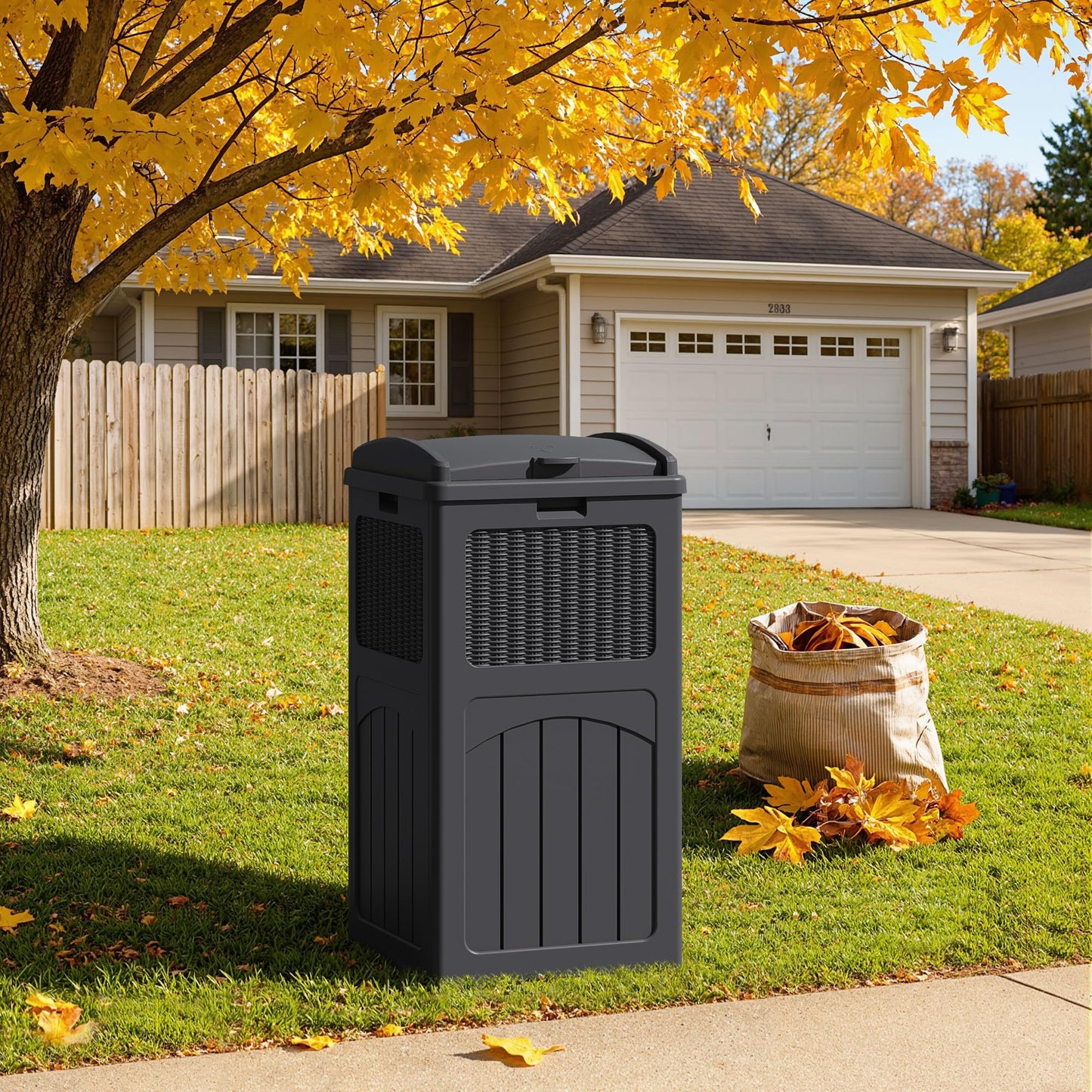 YESHOMY 33 Gallon Resin Outdoor Trash Can with Lid, Hideaway Waterproof Patio Garbage Bin, Black