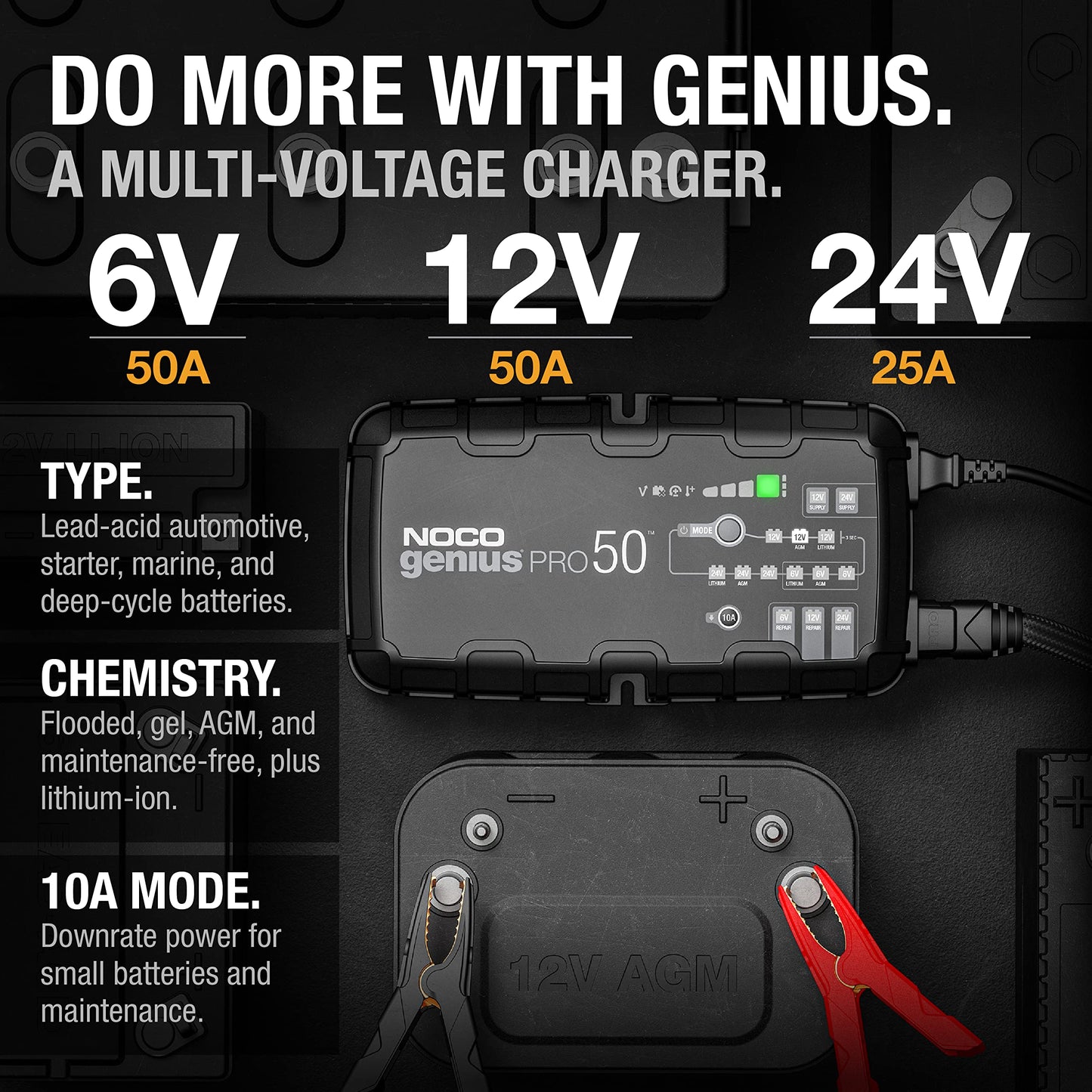 NOCO GENIUSPRO50: 50A 6V/12V/24V Professional Smart Battery Charger – Maintainer, Desulfator & Power Supply with Overcharge Protection & Thermal Compensation – for Lead-Acid & Lithium Batteries