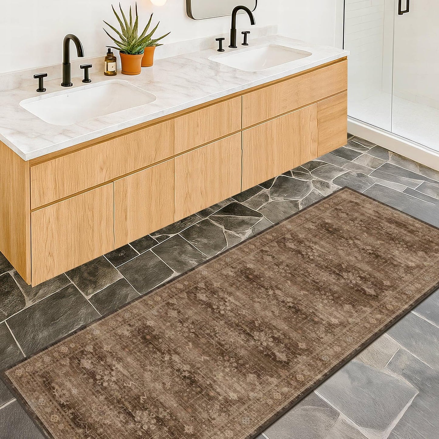 Skiennix Brown Boho Runner Rug - Washable 2x7, Non-Slip, Stain Resistant, Soft Faux Wool for Hallway & Kitchen