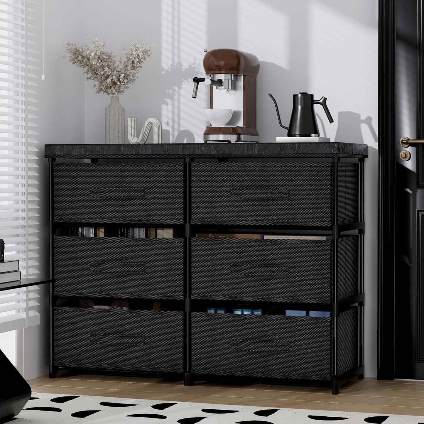 PPN Dresser - 6 Fabric Drawer Storage Cabinet for Living Room & Bedroom - Sturdy Metal Frame, Black